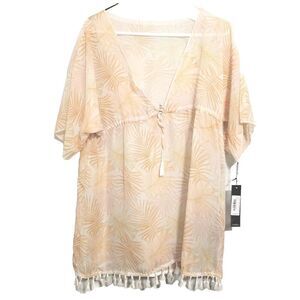 Nicole Miller Womens S Tropical Palm Print Cover Up Tassel Hem Beach Kaftan NWT